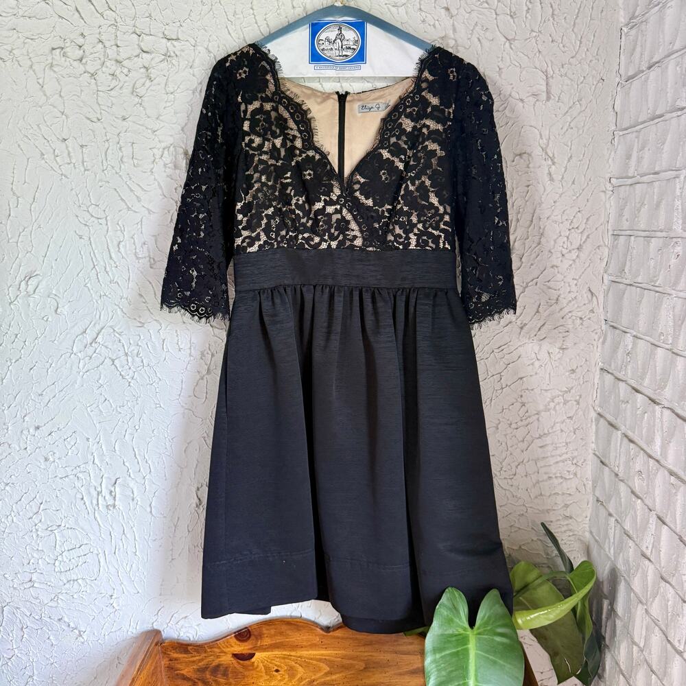 Eliza J Black Lace Fit & Flare Dress Size 10 Nude Lined Cocktail Wedding Guest